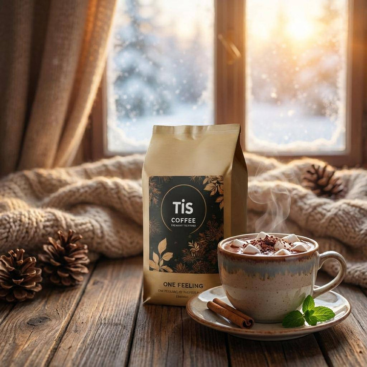 “بسته بندی هات چاکلت تیس کافی در کنار فنجان شکلات داغ”